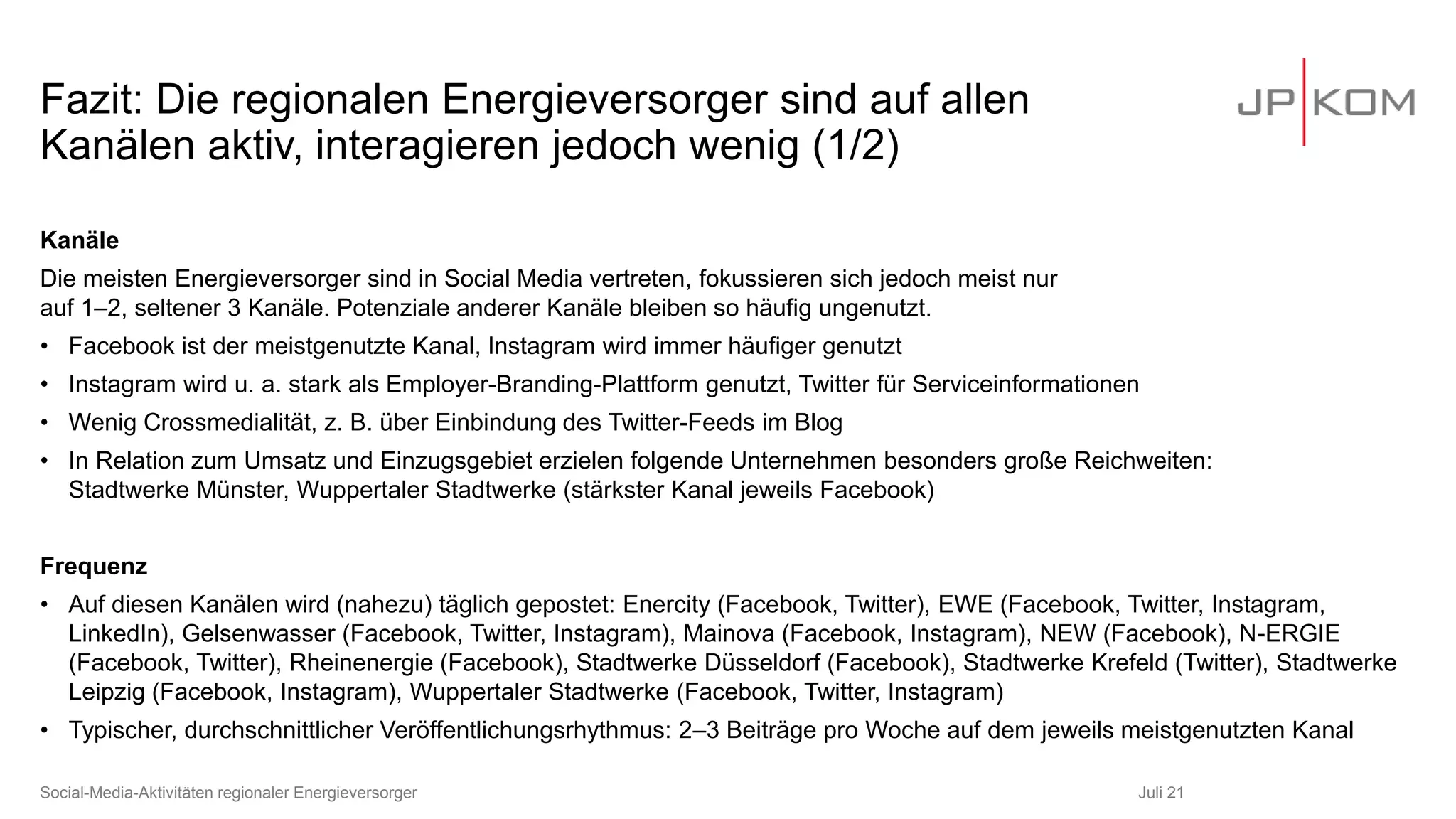Fazit: Die regionalen Energieversorger sind auf allen
Kanälen aktiv, interagieren jedoch wenig (1/2)
Juli 21
Social-Media-Aktivitäten regionaler Energieversorger
Kanäle
Die meisten Energieversorger sind in Social Media vertreten, fokussieren sich jedoch meist nur
auf 1–2, seltener 3 Kanäle. Potenziale anderer Kanäle bleiben so häufig ungenutzt.
• Facebook ist der meistgenutzte Kanal, Instagram wird immer häufiger genutzt
• Instagram wird u. a. stark als Employer-Branding-Plattform genutzt, Twitter für Serviceinformationen
• Wenig Crossmedialität, z. B. über Einbindung des Twitter-Feeds im Blog
• In Relation zum Umsatz und Einzugsgebiet erzielen folgende Unternehmen besonders große Reichweiten:
Stadtwerke Münster, Wuppertaler Stadtwerke (stärkster Kanal jeweils Facebook)
Frequenz
• Auf diesen Kanälen wird (nahezu) täglich gepostet: Enercity (Facebook, Twitter), EWE (Facebook, Twitter, Instagram,
LinkedIn), Gelsenwasser (Facebook, Twitter, Instagram), Mainova (Facebook, Instagram), NEW (Facebook), N-ERGIE
(Facebook, Twitter), Rheinenergie (Facebook), Stadtwerke Düsseldorf (Facebook), Stadtwerke Krefeld (Twitter), Stadtwerke
Leipzig (Facebook, Instagram), Wuppertaler Stadtwerke (Facebook, Twitter, Instagram)
• Typischer, durchschnittlicher Veröffentlichungsrhythmus: 2–3 Beiträge pro Woche auf dem jeweils meistgenutzten Kanal
 