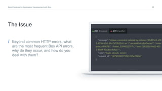 28Best Practices for Application Development with Box
/ Beyond common HTTP errors, what
are the most frequent Box API errors,
why do they occur, and how do you
deal with them?
The Issue
 