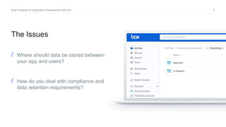 5Best Practices for Application Development with Box
/ Where should data be stored between
your app and users?
/ How do you deal with compliance and
data retention requirements?
The Issues
 