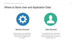 6Best Practices for Application Development with Box
Service Account User Account
Maintain all user an application
data within the service account.
Users will be collaborated in
on content.
User specific data is maintained
in the individual user account. All
data access requests are made on
behalf of the user.
Where to Store User and Application Data
 
