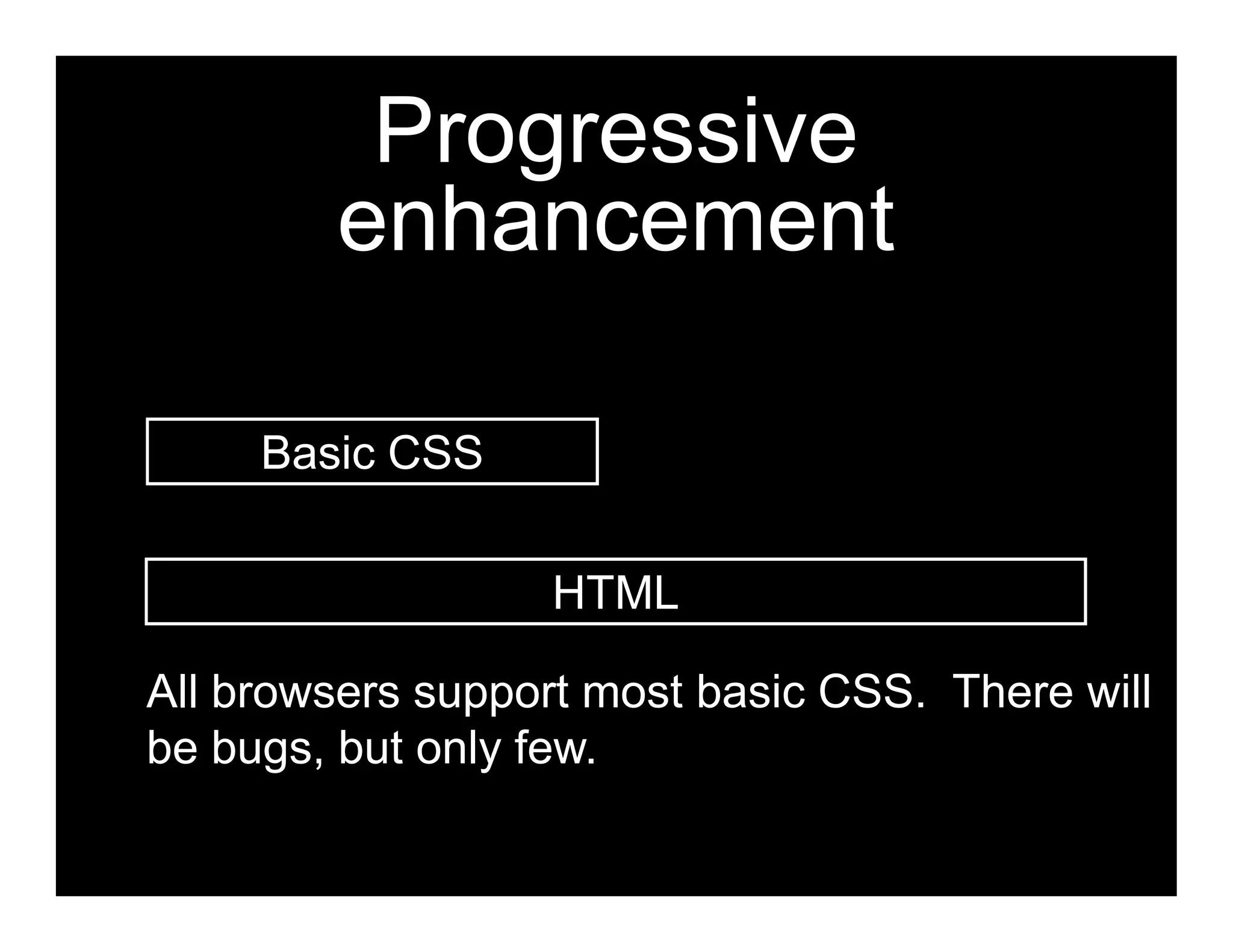 Progressive
        enhancement

     Basic CSS


                  HTML

All browsers support most basic CSS. There will
be bugs, but only few.
 