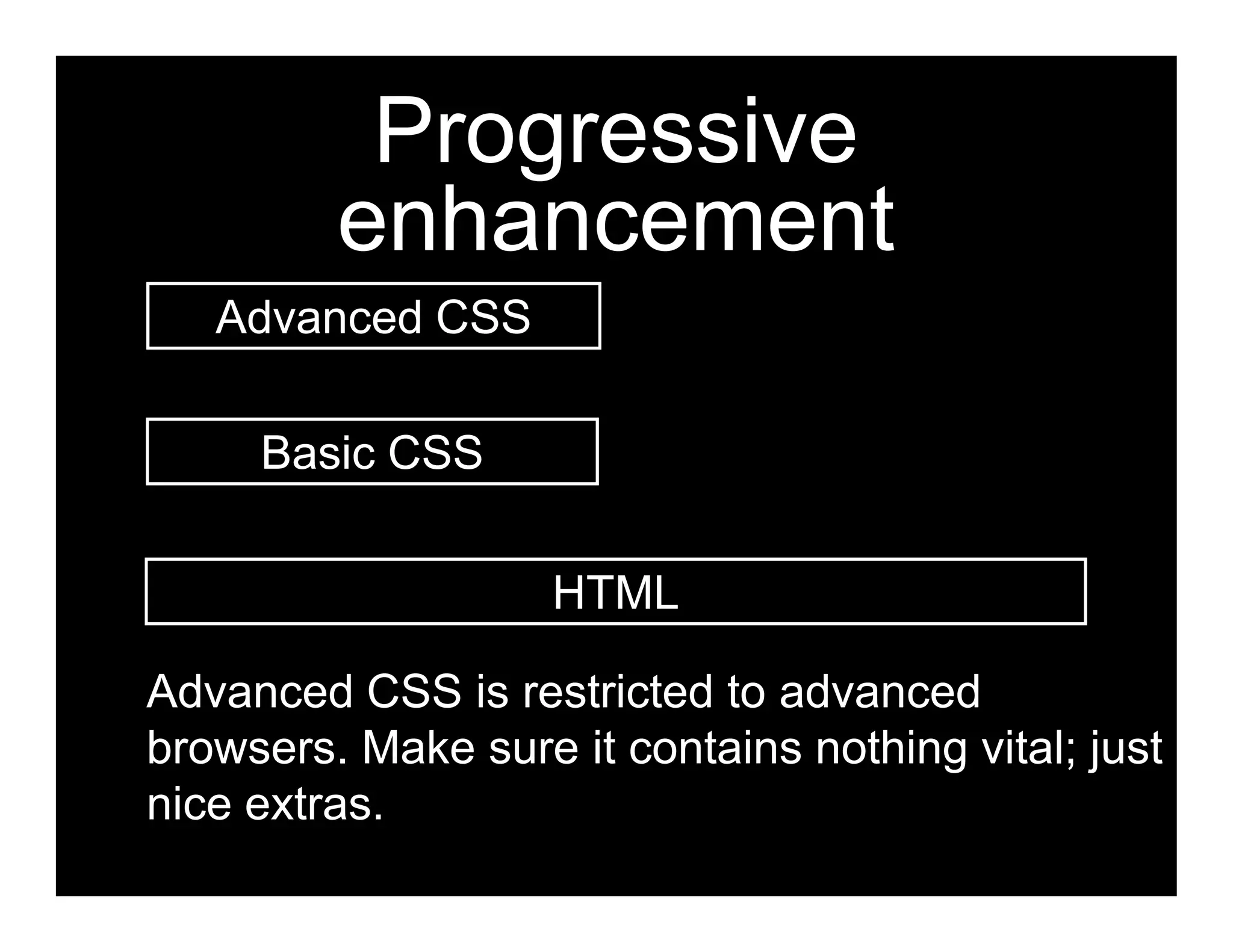 Progressive
         enhancement
   Advanced CSS

     Basic CSS


                    HTML

Advanced CSS is restricted to advanced
browsers. Make sure it contains nothing vital; just
nice extras.
 