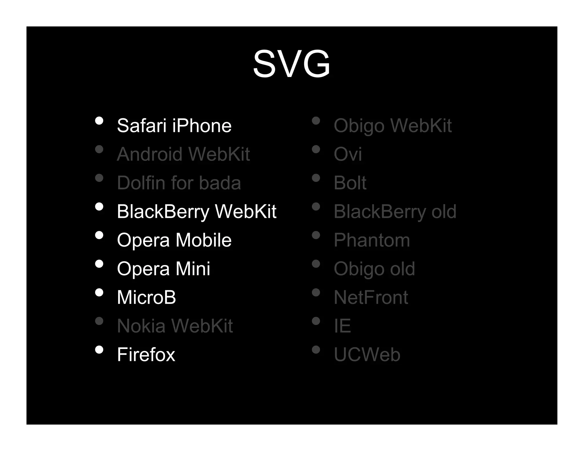 SVG
•   Safari iPhone       •   Obigo WebKit
•   Android WebKit      •   Ovi
•   Dolfin for bada     •   Bolt
•   BlackBerry WebKit   •   BlackBerry old
•   Opera Mobile        •   Phantom
•   Opera Mini          •   Obigo old
•   MicroB              •   NetFront
•   Nokia WebKit        •   IE
•   Firefox             •   UCWeb
 