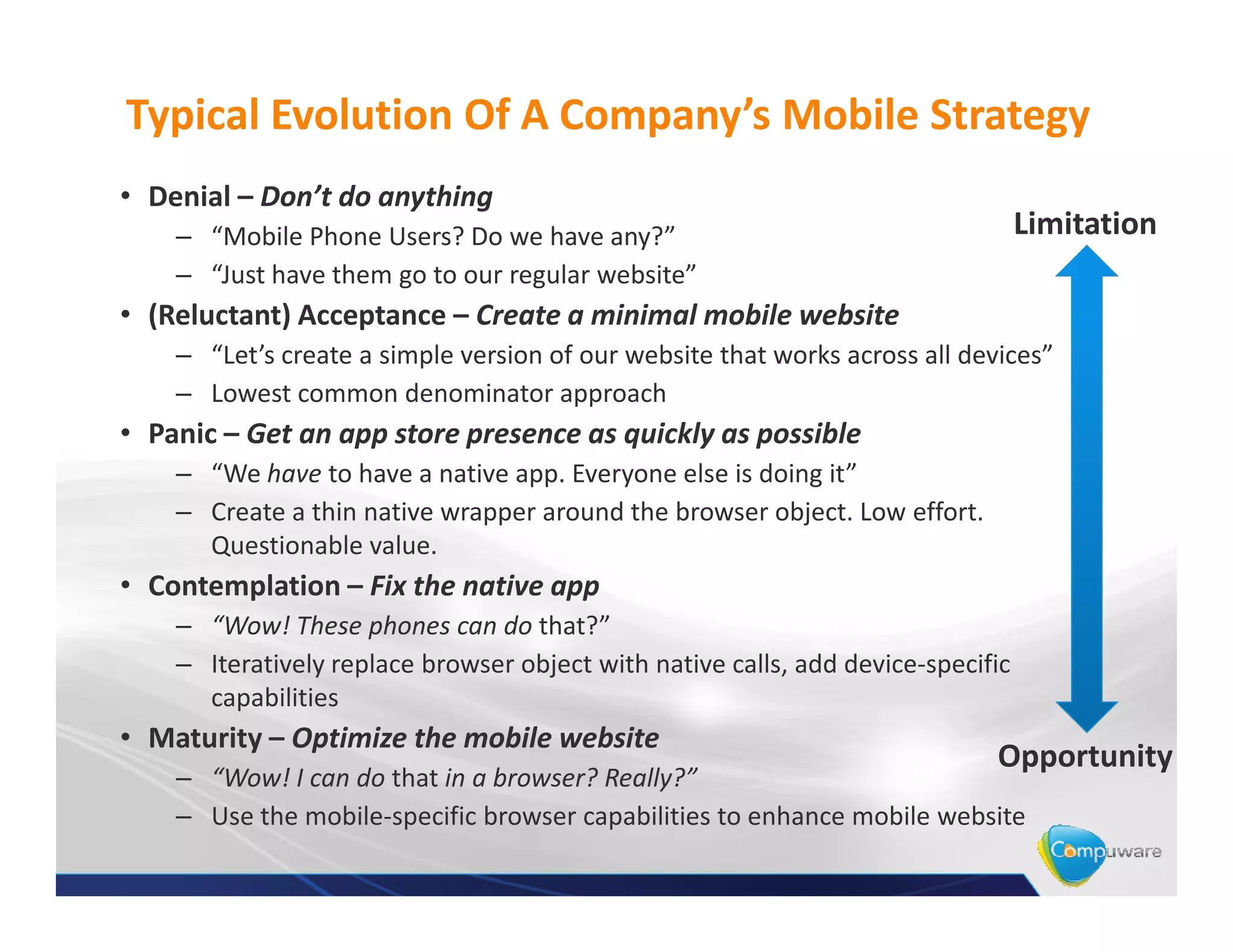 Typical Evolution Of A Company’s Mobile Strategy
• Denial – Don’t do anything
    – “Mobile Phone Users? Do we have any?”                                       Limitation
    – “Just have them go to our regular website”
• (Reluctant) Acceptance – Create a minimal mobile website
    – “Let’s create a simple version of our website that works across all devices”
    – Lowest common denominator approach
• Panic – Get an app store presence as quickly as possible
    – “We have to have a native app. Everyone else is doing it”
    – Create a thin native wrapper around the browser object. Low effort.
      Questionable value.
• Contemplation – Fix the native app
    – “Wow! These phones can do that?”
    – Iteratively replace browser object with native calls, add device-specific
      capabilities
• Maturity – Optimize the mobile website
                                                                             Opportunity
    – “Wow! I can do that in a browser? Really?”
    – Use the mobile-specific browser capabilities to enhance mobile website
 