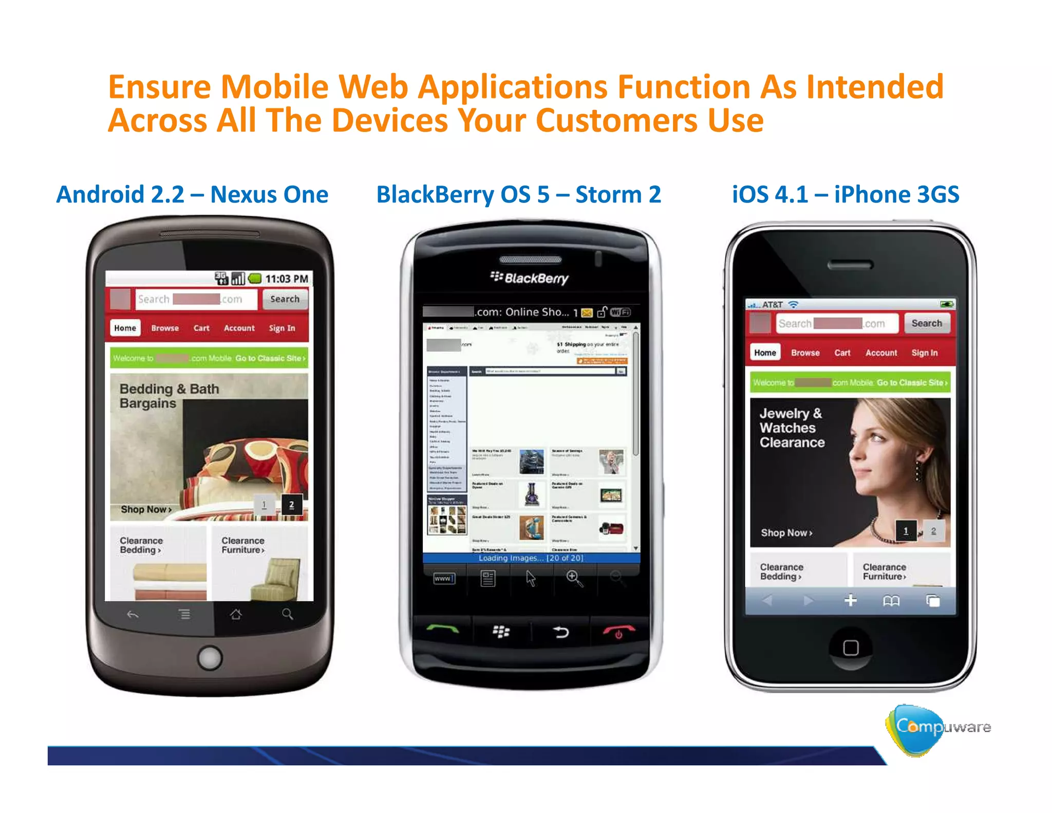 Ensure Mobile Web Applications Function As Intended
    Across All The Devices Your Customers Use
Android 2.2 – Nexus One   BlackBerry OS 5 – Storm 2   iOS 4.1 – iPhone 3GS
 