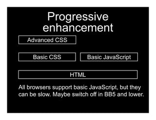 Progressive
         enhancement
   Advanced CSS

     Basic CSS            Basic JavaScript


                   HTML

All browsers support basic JavaScript, but they
can be slow. Maybe switch off in BB5 and lower.
 