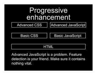Progressive
         enhancement
   Advanced CSS          Advanced JavaScript

     Basic CSS             Basic JavaScript


                    HTML

Advanced JavaScript is a problem. Feature
detection is your friend. Make sure it contains
nothing vital.
 