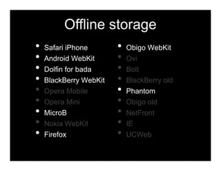 Offline storage
•   Safari iPhone       •   Obigo WebKit
•   Android WebKit      •   Ovi
•   Dolfin for bada     •   Bolt
•   BlackBerry WebKit   •   BlackBerry old
•   Opera Mobile        •   Phantom
•   Opera Mini          •   Obigo old
•   MicroB              •   NetFront
•   Nokia WebKit        •   IE
•   Firefox             •   UCWeb
 