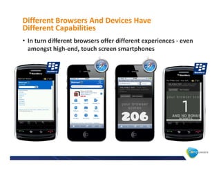 Different Browsers And Devices Have
Different Capabilities
• In turn different browsers offer different experiences - even
  amongst high-end, touch screen smartphones
 