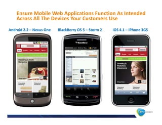 Ensure Mobile Web Applications Function As Intended
    Across All The Devices Your Customers Use
Android 2.2 – Nexus One   BlackBerry OS 5 – Storm 2   iOS 4.1 – iPhone 3GS
 