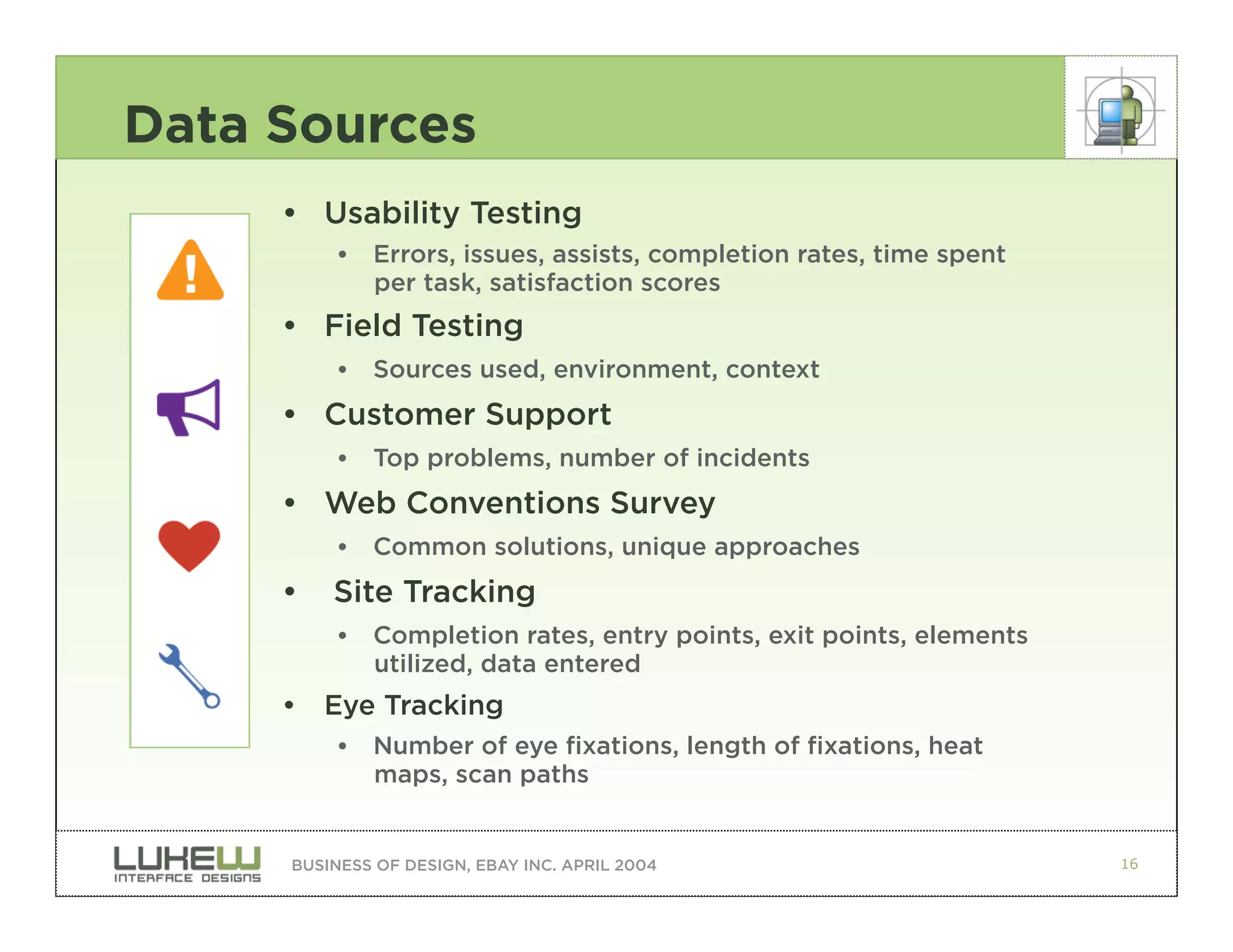Data Sources
     • Usability Testing
          ••   Errors, issues, assists, completion rates, time spent
               per task, satisfaction scores
     • Field Testing
          ••   Sources used, environment, context
     • Customer Support
          ••   Top problems, number of incidents
     • Web Conventions Survey
          ••   Common solutions, unique approaches
     •   Site Tracking
          ••   Completion rates, entry points, exit points, elements
               utilized, data entered
     •   Eye Tracking
          ••   Number of eye fixations, length of fixations, heat
               maps, scan paths


     BUSINESS OF DESIGN, EBAY INC. APRIL 2004                          16
 