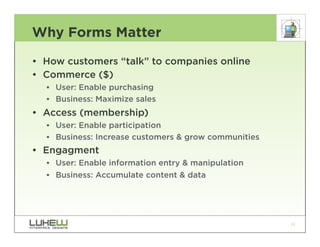 Why Forms Matter

• How customers “talk” to companies online
• Commerce ($)
  •• User: Enable purchasing
  •• Business: Maximize sales
• Access (membership)
  •• User: Enable participation
  •• Business: Increase customers & grow communities
• Engagment
  •• User: Enable information entry & manipulation
  •• Business: Accumulate content & data




                                                       11
 