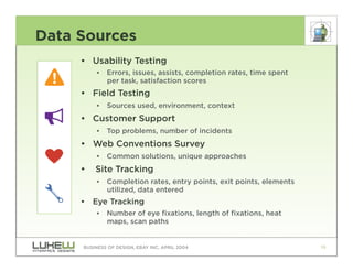 Data Sources
     • Usability Testing
          ••   Errors, issues, assists, completion rates, time spent
               per task, satisfaction scores
     • Field Testing
          ••   Sources used, environment, context
     • Customer Support
          ••   Top problems, number of incidents
     • Web Conventions Survey
          ••   Common solutions, unique approaches
     •   Site Tracking
          ••   Completion rates, entry points, exit points, elements
               utilized, data entered
     •   Eye Tracking
          ••   Number of eye fixations, length of fixations, heat
               maps, scan paths


     BUSINESS OF DESIGN, EBAY INC. APRIL 2004                          16
 