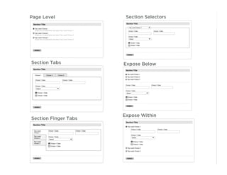 Section Selectors
Page Level




Section Tabs          Expose Below




                      Expose Within
Section Finger...