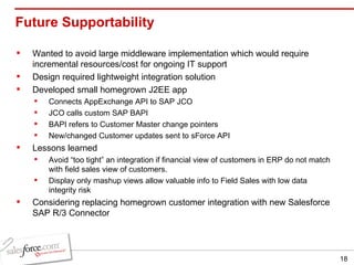 Future Supportability Wanted to avoid large middleware implementation which would require incremental resources/cost for ongoing IT support Design required lightweight integration solution Developed small homegrown J2EE app Connects AppExchange API to SAP JCO JCO calls custom SAP BAPI BAPI refers to Customer Master change pointers New/changed Customer updates sent to sForce API  Lessons learned Avoid “too tight” an integration if financial view of customers in ERP do not match with field sales view of customers. Display only mashup views allow valuable info to Field Sales with low data integrity risk Considering replacing homegrown customer integration with new Salesforce SAP R/3 Connector 