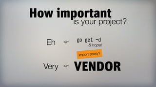 How important
is your project?
go get -d
& hope!
VENDOR
Eh
Very
☞
☞
import proxy?
 