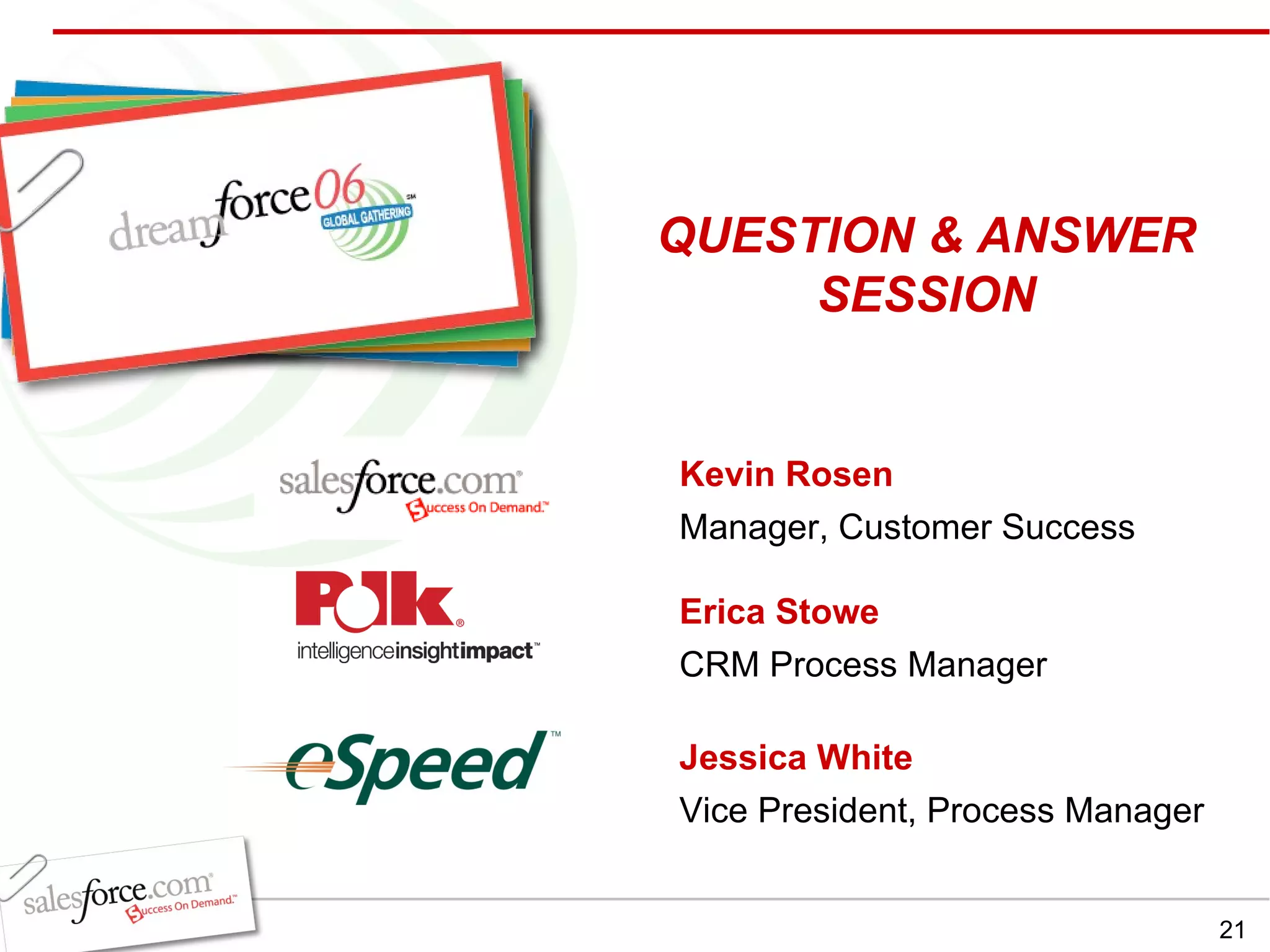 Kevin Rosen Manager, Customer Success Erica Stowe CRM Process Manager Jessica White Vice President, Process Manager QUESTION & ANSWER SESSION 