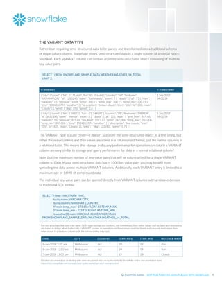 21
BEST PRACTICES FOR USING TABLEAU WITH SNOWFLAKE
THE VARIANT DATA TYPE
Rather than requiring semi-structured data to be parsed and transformed into a traditional schema
of single-value columns, Snowflake stores semi-structured data in a single column of a special type—
VARIANT. Each VARIANT column can contain an entire semi-structured object consisting of multiple
key-value pairs.
SELECT * FROM SNOWFLAKE_SAMPLE_DATA.WEATHER.WEATHER_14_TOTAL
LIMIT 2;
V::VARIANT T::TIMESTAMP
{ "city": { "coord": { "lat": 27.716667, "lon": 85.316666 }, "country": "NP", "findname":
"KATHMANDU", "id": 1283240, "name": "Kathmandu", "zoom": 7 }, "clouds": { "all": 75 }, "main": {
"humidity": 65, "pressure": 1009, "temp": 300.15, "temp_max": 300.15, "temp_min": 300.15 },
"time": 1504263774, "weather": [ { "description": "broken clouds", "icon": "04d", "id": 803, "main":
"Clouds" } ], "wind": { "deg": 290, "speed": 2.6 } }
1.Sep.2017
04:02:54
{ "city": { "coord": { "lat": 8.598333, "lon": -71.144997 }, "country": "VE", "findname": "MERIDA",
"id": 3632308, "name": "Merida", "zoom": 8 }, "clouds": { "all": 12 }, "main": { "grnd_level": 819.46,
"humidity": 90, "pressure": 819.46, "sea_level": 1027.57, "temp": 287.006, "temp_max": 287.006,
"temp_min": 287.006 }, "time": 1504263774, "weather": [ { "description": "few clouds", "icon":
"02d", "id": 801, "main": "Clouds" } ], "wind": { "deg": 122.002, "speed": 0.75 } }
1.Sep.2017
04:02:54
The VARIANT type is quite clever—it doesn’t just store the semi-structured object as a text string, but
rather the individual keys and their values are stored in a columnarized format, just like normal columns in
a relational table. This means that storage and query performance for operations on data in a VARIANT
column are very similar to storage and query performance for data in a normal relational column1
.
Note that the maximum number of key-value pairs that will be columnarized for a single VARIANT
column is 1000. If your semi-structured data has > 1000 key value pairs you may benefit from
spreading the data across multiple VARIANT columns. Additionally, each VARIANT entry is limited to a
maximum size of 16MB of compressed data.
The individual key-value pairs can be queried directly from VARIANT columns with a minor extension
to traditional SQL syntax:
SELECT	V:time::TIMESTAMP TIME,
	 V:city:name::VARCHAR CITY,
	 V:city.country::VARCHAR COUNTRY,
	 (V:main.temp_max - 273.15)::FLOAT AS TEMP_MAX,
	 (V:main.temp_min - 273.15)::FLOAT AS TEMP_MIN,
	 V:weather[0].main::VARCHAR AS WEATHER_MAIN
FROM SNOWFLAKE_SAMPLE_DATA.WEATHER.WEATHER_14_TOTAL;
1	 For non-array data that uses only native JSON types (strings and numbers, not timestamps). Non-native values such as dates and timestamps
are stored as strings when loaded into a VARIANT column, so operations on these values could be slower and consume more space than
when stored in a relational column with the corresponding data type.
TIME CIT Y COUNTRY TEMP_MA X TEMP_MIN WEATHER MAIN
8-Jan-2018 1:05 am Melbourne AU 20 19 Rain
8-Jan-2018 12:02 am Melbourne AU 19 19 Rain
7-Jan-2018 11:05 pm Melbourne AU 19 18 Clouds
Detailed documentation on dealing with semi-structured data can be found in the Snowflake online documentation here:
https:/
/docs.snowflake.net/manuals/user-guide/semistructured-concepts.html
 
