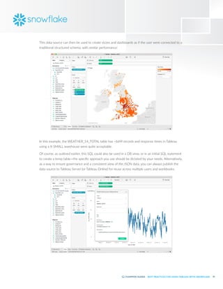 23
BEST PRACTICES FOR USING TABLEAU WITH SNOWFLAKE
This data source can then be used to create vizzes and dashboards as if the user were connected to a
traditional structured schema, with similar performance:
In this example, the WEATHER_14_TOTAL table has ~66M records and response times in Tableau
using a X-SMALL warehouse were quite acceptable.
Of course, as outlined earlier, this SQL could also be used in a DB view, or in an initial SQL statement
to create a temp table—the specific approach you use should be dictated by your needs. Alternatively,
as a way to ensure governance and a consistent view of the JSON data, you can always publish the
data source to Tableau Server (or Tableau Online) for reuse across multiple users and workbooks:
 