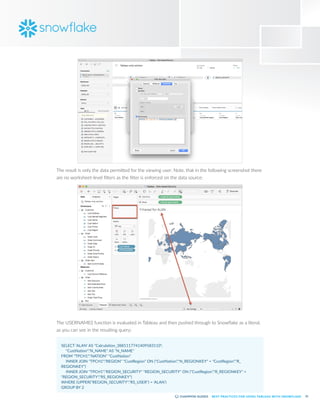 31
BEST PRACTICES FOR USING TABLEAU WITH SNOWFLAKE
The result is only the data permitted for the viewing user. Note, that in the following screenshot there
are no worksheet-level filters as the filter is enforced on the data source:
The USERNAME() function is evaluated in Tableau and then pushed through to Snowflake as a literal,
as you can see in the resulting query:
SELECT 'ALAN' AS "Calculation_3881117741409583110",
	 "CustNation"."N_NAME" AS "N_NAME"
FROM "TPCH1"."NATION" "CustNation"
	 INNER JOIN "TPCH1"."REGION" "CustRegion" ON ("CustNation"."N_REGIONKEY" = "CustRegion"."R_
REGIONKEY")
	 INNER JOIN "TPCH1"."REGION_SECURITY" "REGION_SECURITY" ON ("CustRegion"."R_REGIONKEY" =
"REGION_SECURITY"."RS_REGIONKEY")
WHERE (UPPER("REGION_SECURITY"."RS_USER") = 'ALAN')
GROUP BY 2
 