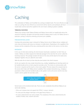 41
BEST PRACTICES FOR USING TABLEAU WITH SNOWFLAKE
The combination of Tableau and Snowflake has caching at multiple levels. The more effective we can
make our caching, the more efficient our environment will be. Queries and workbooks will return
results faster and less load will be applied to the server layers, leading to greater scalability.
TABLEAU CACHING
Tableau has caching in both Tableau Desktop and Tableau Server which can significantly reduce the
amount of rendering, calculation and querying needed to display views to users. For Tableau Server in
particular, caching is critical for achieving concurrent user scalability.
PRESENTATION LAYER
Caching at the presentation layer is relevant for Tableau Server only. In Tableau Server, multiple end
users view and interact with views via a browser or mobile device. Depending on the capability of the
browser and the complexity of the view, rendering will be done either on the server or on the client.
BROWSER
In the case of client-side rendering, the client browser downloads a JavaScript “viz client” that can
render a Tableau viz. It then requests the initial data package for the view from the server—called the
bootstrap response. This package includes the layout of the view and the data for the marks to be
displayed. Together, they are called the view model.
With this data, the viz client can then draw the view locally in the client’s browser.
As the user explores the view, simple interactions (e.g., tooltips, highlighting and selecting marks) can
be handled locally by the viz client using the local data cache. This means no communication with
the server is required and the result is a fast-screen update. This also reduces the compute load on
the server which helps with Tableau Server scalability. More complex interactions (e.g., changing a
parameter or filter) cannot be handled locally, so the update is sent to the server and the new view
model is sent to update the local data cache.
query, ﬁlter, calcs, analytics,
partition, layout,
render, select, highlight,
tooltip, display
model
updates
Not all vizzes can be rendered client side. There are some complexities that will force Tableau to use
server-side rendering:
•	 If the user’s browser does not support the HTML 5 <canvas> element;
•	 If a view uses the polygon mark type or the page history feature; or
•	 If a view is determined to be overly complex. The complexity of the view is determined by the
number of marks, rows, columns and more.
Caching
 