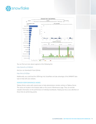 53
BEST PRACTICES FOR USING TABLEAU WITH SNOWFLAKE
You can find out more about Logshark at the following link:
http:/
/tabsoft.co/2rQK8oS
And you can download it from GitHub:
http:/
/bit.ly/2rQS0qn
Additionally, you could load the JSON logs into Snowflake and take advantage of the VARIANT data
type to help with your analysis.
SERVER PERFORMANCE VIEWS
Tableau Server comes with several views to help administrators monitor activity on Tableau Server.
The views are located in the Analysis table on the server’s Maintenance page. They can provide
valuable information on the performance of individual workbooks, helping you focus your attention on
those that are performing poorly:
 