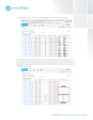 57
BEST PRACTICES FOR USING TABLEAU WITH SNOWFLAKE
The query history for an account can also be accessed from the Snowflake web interface:
This page displays all queries executed in the last 14 days, including queries executed by you in
previous sessions and queries executed by other users. This view shows query duration broken down
by queueing, compilation and execution and is also useful for identifying queries that are resolved
through the result cache.
 