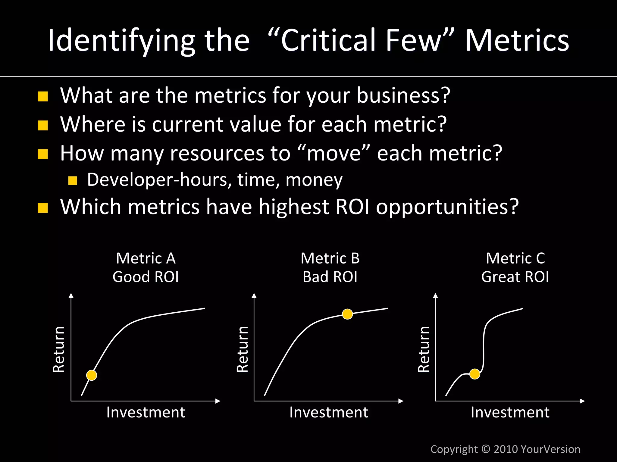 Identifying the  “Critical Few” Metrics
  What are the metrics for your business?
  Where is current value for each metric? 
  How many resources to “move” each metric?
         Developer‐hours, time, money
  Which metrics have highest ROI opportunities?

           Metric A                Metric B                 Metric C
           Good ROI                Bad ROI                  Great ROI




                                               Return
                         Return
Return




           Investment             Investment              Investment

                                                   Copyright © 2010 YourVersion
 