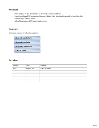 Version Date Update
V1.0 July 12, 2011 LTE Call Flows
Main purpose of this document is to discuss LTE basic call flows.
It...