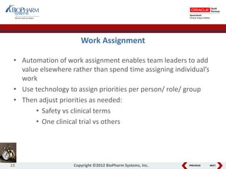 PREVIOUS NEXT
Work Assignment
• Automation of work assignment enables team leaders to add
value elsewhere rather than spend time assigning individual’s
work
• Use technology to assign priorities per person/ role/ group
• Then adjust priorities as needed:
• Safety vs clinical terms
• One clinical trial vs others
23 Copyright ©2012 BioPharm Systems, Inc.
 