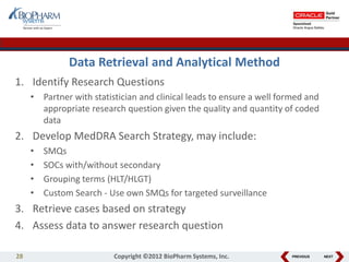 PREVIOUS NEXT
Data Retrieval and Analytical Method
1. Identify Research Questions
• Partner with statistician and clinical leads to ensure a well formed and
appropriate research question given the quality and quantity of coded
data
2. Develop MedDRA Search Strategy, may include:
• SMQs
• SOCs with/without secondary
• Grouping terms (HLT/HLGT)
• Custom Search - Use own SMQs for targeted surveillance
3. Retrieve cases based on strategy
4. Assess data to answer research question
28 Copyright ©2012 BioPharm Systems, Inc.
 