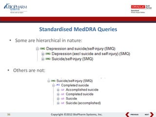PREVIOUS NEXT
Standardised MedDRA Queries
• Some are hierarchical in nature:
36 Copyright ©2012 BioPharm Systems, Inc.
• Others are not:
 
