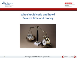 PREVIOUS NEXT
Who should code and how?
Balance time and money
6 Copyright ©2012 BioPharm Systems, Inc.
 