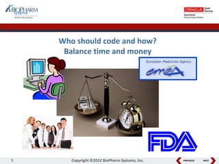 PREVIOUS NEXT
Who should code and how?
Balance time and money
9 Copyright ©2012 BioPharm Systems, Inc.
 