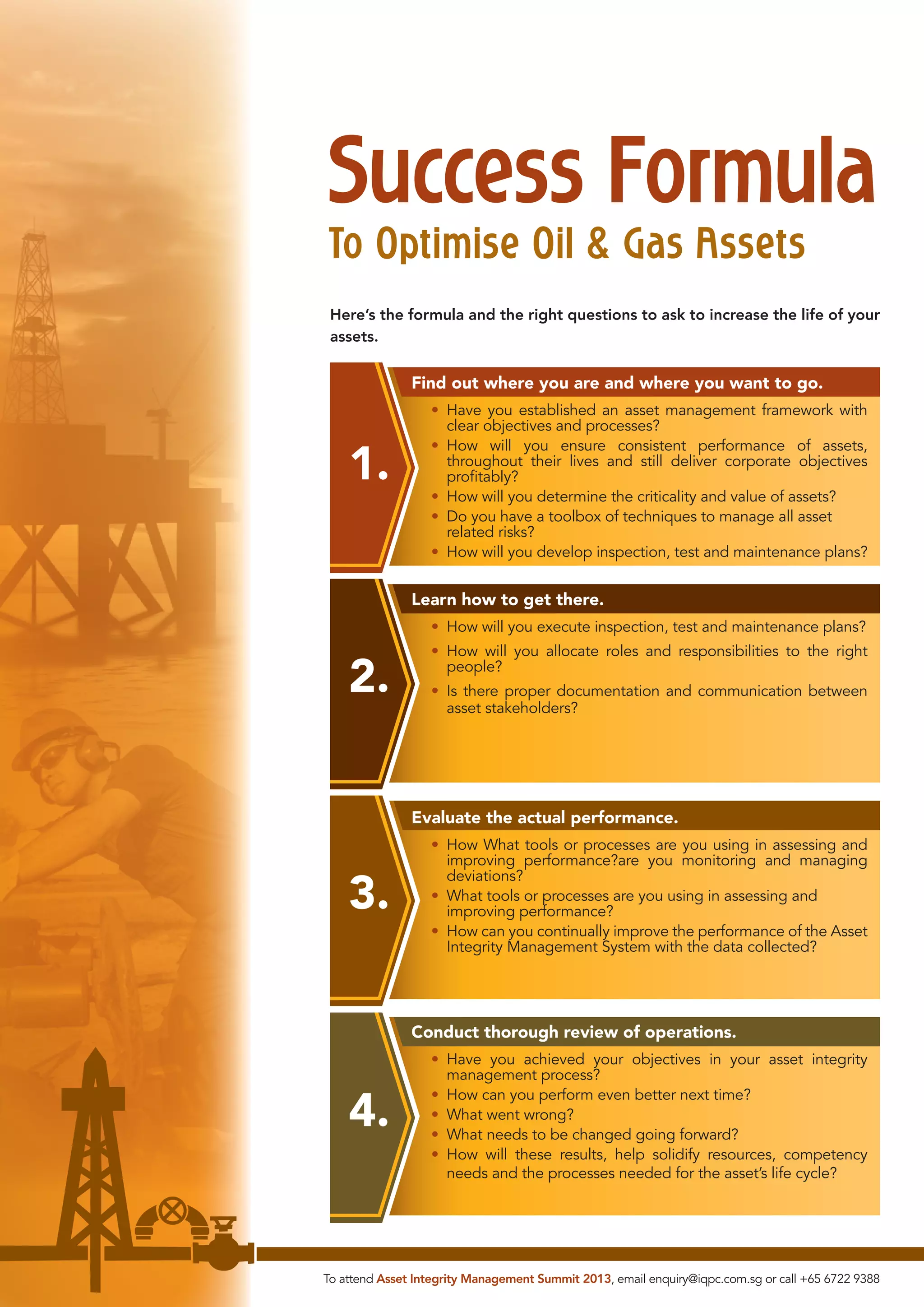 Success Formula

To Optimise Oil & Gas Assets

Here’s the formula and the right questions to ask to increase the life of your
assets.

Find out where you are and where you want to go.

1.

• Have you established an asset management framework with
clear objectives and processes?
• How will you ensure consistent performance of assets,
throughout their lives and still deliver corporate objectives
proﬁtably?
• How will you determine the criticality and value of assets?
• Do you have a toolbox of techniques to manage all asset
related risks?
• How will you develop inspection, test and maintenance plans?

Learn how to get there.
• How will you execute inspection, test and maintenance plans?

2.

• How will you allocate roles and responsibilities to the right
people?
• Is there proper documentation and communication between
asset stakeholders?

Evaluate the actual performance.

3.

• How What tools or processes are you using in assessing and
improving performance?are you monitoring and managing
deviations?
• What tools or processes are you using in assessing and
improving performance?
• How can you continually improve the performance of the Asset
Integrity Management System with the data collected?

Conduct thorough review of operations.

4.

• Have you achieved your objectives in your asset integrity
management process?
• How can you perform even better next time?
• What went wrong?
• What needs to be changed going forward?
• How will these results, help solidify resources, competency
needs and the processes needed for the asset’s life cycle?

To attend Asset Integrity Management Summit 2013, email enquiry@iqpc.com.sg or call +65 6722 9388

 