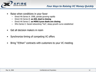 Four Keys to Raising VC Money Quickly Raise when conditions in your favor  Direct Hit Series A: 1998, portals growing rapidly Direct Hit Series B:  as AOL deal is closing Direct Hit Series C:  as MSN/Lycos deals are closing Xfire Series C: Social networking “hot”, steep growth curve established Get all decision makers in room  Synchronize timing of competing VC offers Bring “if/then” contracts with customers to your VC meeting June 3, 2009 Confidential and Proprietary 