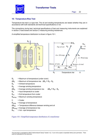 Transformer Tests
Page :

22

10- Temperature-Rise Test
Temperature-rise test is a type test. The oil and winding temperatures are tested whether they are in
accordance with both standards and technical specifications or not.
The connections during test, technical specifications of test and measuring instruments are explained
in section 3 load losses and section 2 measuring winding resistances.
A simplified temperature distribution is shown in figure 10-1.

θo

θo

θo

θci

Top oil exit

θg

C
LV

Ave. Oil temp.

HV

θhs

θwmax

θo

θw
Av. Wind.temp

Bottom oil inlet.

θo

θco
θa

θo
∆θo
θa
θw
∆θw
θci
θco
θwmax

θwo

Temperature rise

θ

= Cooler

θoavg
∆θwo
∆θoavg
θhs

θw

= Maximum oil temperature (under cover)

C

Bottom of wind.

= Average oil temperature

= Maximum oil temperature rise ∆θo
= Ambient temperature

= θo - θa

= Average winding temperature
= Average winding temperature rise
= Input temperature to cooler

∆θw = θw - θa

= Exit temperature from cooler
= Maximum winding temperature

= Temperature difference between winding and oil
= Average oil temperature rise
= Hot - spot temperature

Figure 10.1: Simplified temperature distribution of a transformer

This document is copyrighted by BEST Elektromekanik Sanayi Tesisleri. A.Ş. It can not be copied or duplicated without prior permission. There
shall be modifications to this document.

 