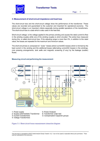 Transformer Tests
Page :

7

3- Measurement of short-circuit impedance and load loss
The short-circuit loss and the short-circuit voltage show the performance of the transformer. These
values are recorded and guaranteed to the customer and important for operational economy. The
short-circuit voltage is an important criteria especially during parallel operations of the transformers.
The short-circuit loss is a data which is also used in the heat test.
Short-circuit voltage; is the voltage applied to the primary winding and causes the rated current to flow
in the winding couples while one of the winding couples is short circuited. The active loss measured
during this, is called short-circuit loss. If the adjusting range is more than 5%, in addition to the rated
value, the losses are repeated for the maximum and minimum values.
The short-circuit loss is composed of; “Joule “ losses (direct current/DC losses) which is formed by the
load current in the winding and the additional losses (alternating current/AC losses) in the windings,
core pressing arrangements, tank walls and magnetic screening (if any) by the leakage (scatter)
fluxes.

Measuring circuit and performing the measurement:

a

A

3

3

b

B

c

C
1

N
2

6

n

4

C
A

A

A
A

W
W

W

v

W

v
v

5

1- Power supply
2- Supply (intermediate) Transformer
3- Current Transformers
4- Voltage Transformers

5- Power Analyser
6- Transformer under test
C- Compensation Capacitor groups

Figure 3.1: Short-circuit losses measurement connection diagram

This document is copyrighted by BEST Elektromekanik Sanayi Tesisleri. A.Ş. It can not be copied or duplicated without prior permission. There
shall be modifications to this document.

 