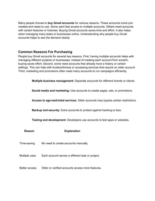 Many people choose to buy Gmail accounts for various reasons. These accounts come pre-
created and ready to use. Some want fast access to multiple accounts. Others need accounts
with certain features or histories. Buying Gmail accounts saves time and effort. It also helps
when managing many tasks or businesses online. Understanding why people buy Gmail
accounts helps to see the demand clearly.
Common Reasons For Purchasing
People buy Gmail accounts for several key reasons. First, having multiple accounts helps with
managing different projects or businesses. Instead of creating each account from scratch,
buying saves effort. Second, some need accounts that already have a history or certain
settings. This can help with trustworthiness or accessing services that require an older account.
Third, marketing and promotions often need many accounts to run campaigns efficiently.
Multiple business management: Separate accounts for different brands or clients.
Social media and marketing: Use accounts to create pages, ads, or promotions.
Access to age-restricted services: Older accounts may bypass certain restrictions.
Backup and security: Extra accounts to protect against hacking or loss.
Testing and development: Developers use accounts to test apps or websites.
Reason Explanation
Time-saving No need to create accounts manually.
Multiple uses Each account serves a different task or project.
Better access Older or verified accounts access more features.
 