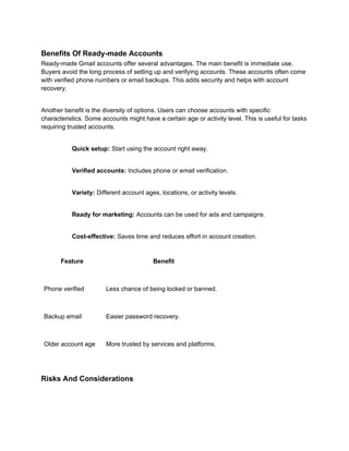 Benefits Of Ready-made Accounts
Ready-made Gmail accounts offer several advantages. The main benefit is immediate use.
Buyers avoid the long process of setting up and verifying accounts. These accounts often come
with verified phone numbers or email backups. This adds security and helps with account
recovery.
Another benefit is the diversity of options. Users can choose accounts with specific
characteristics. Some accounts might have a certain age or activity level. This is useful for tasks
requiring trusted accounts.
Quick setup: Start using the account right away.
Verified accounts: Includes phone or email verification.
Variety: Different account ages, locations, or activity levels.
Ready for marketing: Accounts can be used for ads and campaigns.
Cost-effective: Saves time and reduces effort in account creation.
Feature Benefit
Phone verified Less chance of being locked or banned.
Backup email Easier password recovery.
Older account age More trusted by services and platforms.
Risks And Considerations
 
