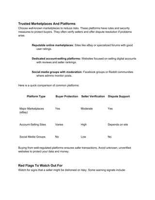 Trusted Marketplaces And Platforms
Choose well-known marketplaces to reduce risks. These platforms have rules and security
measures to protect buyers. They often verify sellers and offer dispute resolution if problems
arise.
Reputable online marketplaces: Sites like eBay or specialized forums with good
user ratings.
Dedicated account-selling platforms: Websites focused on selling digital accounts
with reviews and seller rankings.
Social media groups with moderation: Facebook groups or Reddit communities
where admins monitor posts.
Here is a quick comparison of common platforms:
Platform Type Buyer Protection Seller Verification Dispute Support
Major Marketplaces
(eBay)
Yes Moderate Yes
Account-Selling Sites Varies High Depends on site
Social Media Groups No Low No
Buying from well-regulated platforms ensures safer transactions. Avoid unknown, unverified
websites to protect your data and money.
Red Flags To Watch Out For
Watch for signs that a seller might be dishonest or risky. Some warning signals include:
 