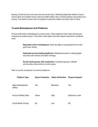Buying a Gmail account can save time but carries risks. Identifying legitimate sellers is key to
avoid scams and wasted money. Genuine sellers follow clear, honest practices and protect your
privacy. This section shows how to recognize trustworthy sellers and steer clear of fraud.
Trusted Marketplaces And Platforms
Choose well-known marketplaces to reduce risks. These platforms have rules and security
measures to protect buyers. They often verify sellers and offer dispute resolution if problems
arise.
​
​ Reputable online marketplaces: Sites like eBay or specialized forums with
good user ratings.
​
​ Dedicated account-selling platforms: Websites focused on selling digital
accounts with reviews and seller rankings.
​
​ Social media groups with moderation: Facebook groups or Reddit
communities where admins monitor posts.
Here is a quick comparison of common platforms:
Platform Type Buyer Protection Seller Verification Dispute Support
Major Marketplaces
(eBay)
Yes Moderate Yes
Account-Selling Sites Varies High Depends on site
Social Media Groups No Low No
 