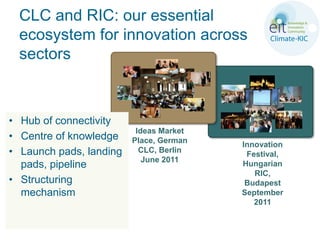 CLC and RIC: our essential
  ecosystem for innovation across
  sectors



• Hub of connectivity
                          Ideas Market
• Centre of knowledge    Place, German
                                         Innovation
• Launch pads, landing     CLC, Berlin
                                          Festival,
                            June 2011
  pads, pipeline                         Hungarian
                                            RIC,
• Structuring                             Budapest
  mechanism                              September
                                            2011
 