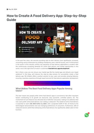  May 24, 2024
Howto CreateAFood DeliveryApp: Step-by-Step
Guide
In the past few years, the services providing door-to-door delivery have significantly increased,
uncovering various dimensions by profiling smartphone users, Internet access, and IT enforcement
in the sector. In this industry vertical, the popularity of food delivery applications is evident. With
the continuously increasing demands for online food delivery and market opportunities in this
sector, now is the right time to invest in customized fooddelivery appdevelopment.
But is there a way you can ensure your market app fills the market gap and attracts your target
audience? In this blog, we’ll discuss the step-by-step process for successfully create a food
delivery app. RG Infotech offers a perfect solution to your users and provides amazing features,
ensuring a seamless experience through expert services for food delivery application development.
Get a Free Quote on Your Custom Food Delivery App Today!
What Makes The Best Food Delivery Apps Popular Among
Users?
The main reason why people prefer online food delivery apps is convenience. But other important
factors contributing to its growth are discounts, easy payments, unlimited options, etc. The
involvement of such features has attracted lots of attention and praise, making it so addictive that
now users prefer online food delivery over visiting a restaurant. The market of online food delivery
is expected to reach USD 483.9 billion by 2033, with a projected CAGR of 12%, all thanks to the
technological advancements and ever-changing preferences of consumers. Furthermore, 60% of
restaurant owners admit that embracing online food delivery has significantly added sales to their
business.
1
 