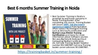 Best 6 months Summer Training in Noida
• Best Summer Training in Noida is
provided by well know company in
Noida Training Basket. After
completing the course, Training Basket
will assure 100% Job placement
assistance support.Training basket
offers various technologies training
such as Microsoft certification and
Redhat Linux-RhCSA Training
Certification and more.For more
information about Software courses
like java,Big Data & Hadoop,Cloud
Computing,Redhat Certification
etc.Call now Training Basket helpline
number 9015887887.Call now Training
basket career advisiors 9015887887.
https://trainingbasket.in/summer-training/
 