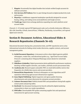 7.​ Kinguin: Occasionally lists digital bundles that include verified Google accounts for
software activation.
8.​ G2A Services (P2P Sellers): Peer-to-peer listings focused on digital productivity tools
and accounts.
9.​ PlayerUp: A middleman-supported marketplace specifically designed for account
buying, selling, and trading across social platforms and Google services.
10.​Tradeit.gg: Digital item exchange platforms expanding into multi-platform social
account trades.
Channels 11–35 include regional P2P digital goods nodes such as ItemKu (Indonesia), OffGamers,
SEA-GM, GameFlip, iGVault, GamersProtect, VPMarket, PixelSunday, AccountWave, and regional
digital asset networks.
Section B: Document Archives, Educational Slides &
Research Repositories (Channels 36–65)
Educational document sharing sites, presentation hubs, and PDF repositories serve as key
informational networks for finding vetted vendor directories, supplier contacts, and account
management guides.
36.​Scribd Document Repository: A document archive where digital agencies publish
whitepapers, vendor lists, and educational guides (e.g., "Aged Gmail Account Safety
Protocols") containing direct Telegram/WhatsApp contact details for vetted bulk
suppliers.
37.​SlideShare (LinkedIn): Digital presentation decks published by performance marketers
detailing verified supplier networks, case studies, and bulk account procurement links.
38.​Academia.edu: Research papers and public PDFs on email deliverability metrics that
frequently cite reliable data sources and account providers.
39.​ResearchGate Repositories: Technical whitepapers on trust algorithms and IP
reputation referencing aged account infrastructure suppliers.
40.​Issuu Digital Publishing: Digital magazines and agency guides featuring
advertisements and contact directories for enterprise account providers.
41.​Calameo Document Host: Publicly hosted PDFs and spreadsheets listing bulk supplier
contact points and pricing tables.
42.​DocDroid: Free document hosting service heavily utilized by digital marketing
communities to share raw vendor spreadsheets.
43.​PDFCoffee: Downloadable PDF guides containing supplier lists and operational
instructions for aged account warming.
 