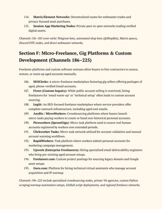 154.​ Matrix/Element Networks: Decentralized rooms for webmaster trades and
privacy-focused asset purchases.
155.​ Session App Marketing Nodes: Private peer-to-peer networks trading verified
digital assets.
Channels 156–185 cover niche Telegram bots, automated shop bots (@ShopBot), Matrix spaces,
Discord OTC nodes, and direct webmaster networks.
Section F: Micro-Freelance, Gig Platforms & Custom
Development (Channels 186–225)
Freelance platforms and custom software avenues allow buyers to hire contractors to source,
restore, or warm up aged accounts manually.
186.​ SEOClerks: A micro-freelance marketplace featuring gig sellers offering packages of
aged, phone-verified Gmail accounts.
187.​ Fiverr (Custom Inquiry): While public account selling is restricted, hiring
freelancers for "email warm-up" or "technical setup" often leads to custom account
sourcing.
188.​ Legiit: An SEO-focused freelance marketplace where service providers offer
complete outreach infrastructure, including aged root emails.
189.​ AnyBiz / MicroWorkers: Crowdsourcing platforms where buyers launch
micro-tasks paying workers to create or hand over historical personal accounts.
190.​ Picoworkers (SproutGigs): Micro-task platform used to source real human
accounts registered by workers over extended periods.
191.​ Clickworker Tasks: Micro-task network utilized for account validation and manual
account warming workflows.
192.​ RapidWorkers: Task platform where workers submit personal accounts for
marketing campaign management.
193.​ Upwork (Enterprise Freelancers): Hiring specialized email deliverability engineers
who bring pre-existing aged account setups.
194.​ Freelancer.com: Custom project postings for sourcing legacy domain and Google
asset setups.
195.​ Guru.com: Platform for hiring technical virtual assistants who manage account
acquisition and IP warmup.
Channels 196–225 include specialized crowdsourcing nodes, private VA agencies, custom Python
scraping/warmup automation setups, GitHub script deployments, and regional freelance networks.
 