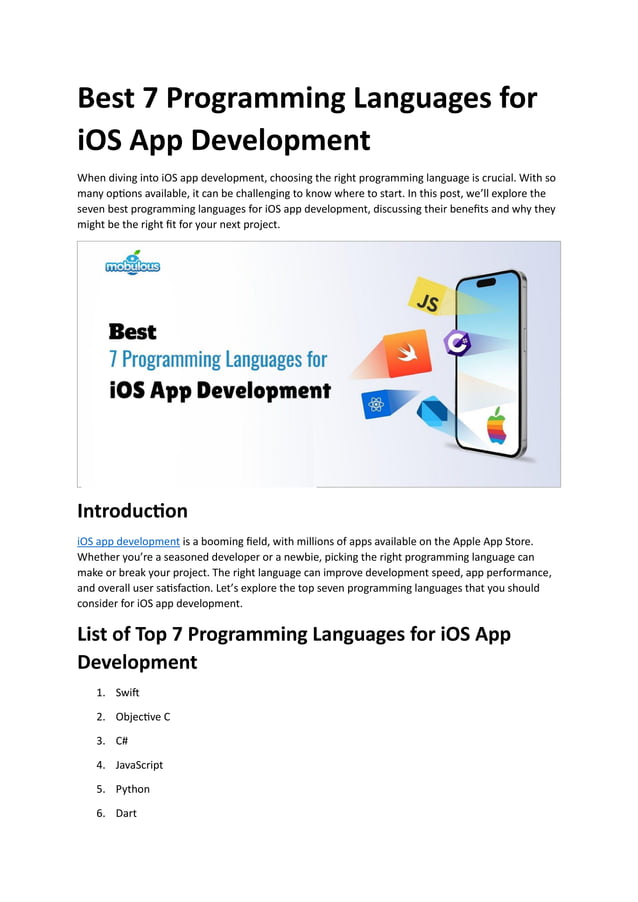 Best 7 Programming Languages for iOS App Development | PDF
