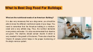 What Is Best Dog Food For Bulldogs
What are the nutritional needs of an American Bulldog?
It is also very necessary that as a dog owner, you should be
able to know the different nutritional needs of your dogs. You
need to remember that the American bulldog is a medium-
sized and a very athletic dog. Thus, the nutrition demands
more protein and water. It is also recommended that vitamins
are given. The vitamins should contain vitamin A which is
very needed in the growth of the bones. There also should be
Vitamin B complex which helps in the proper functioning of
the dog's nervous system.
 