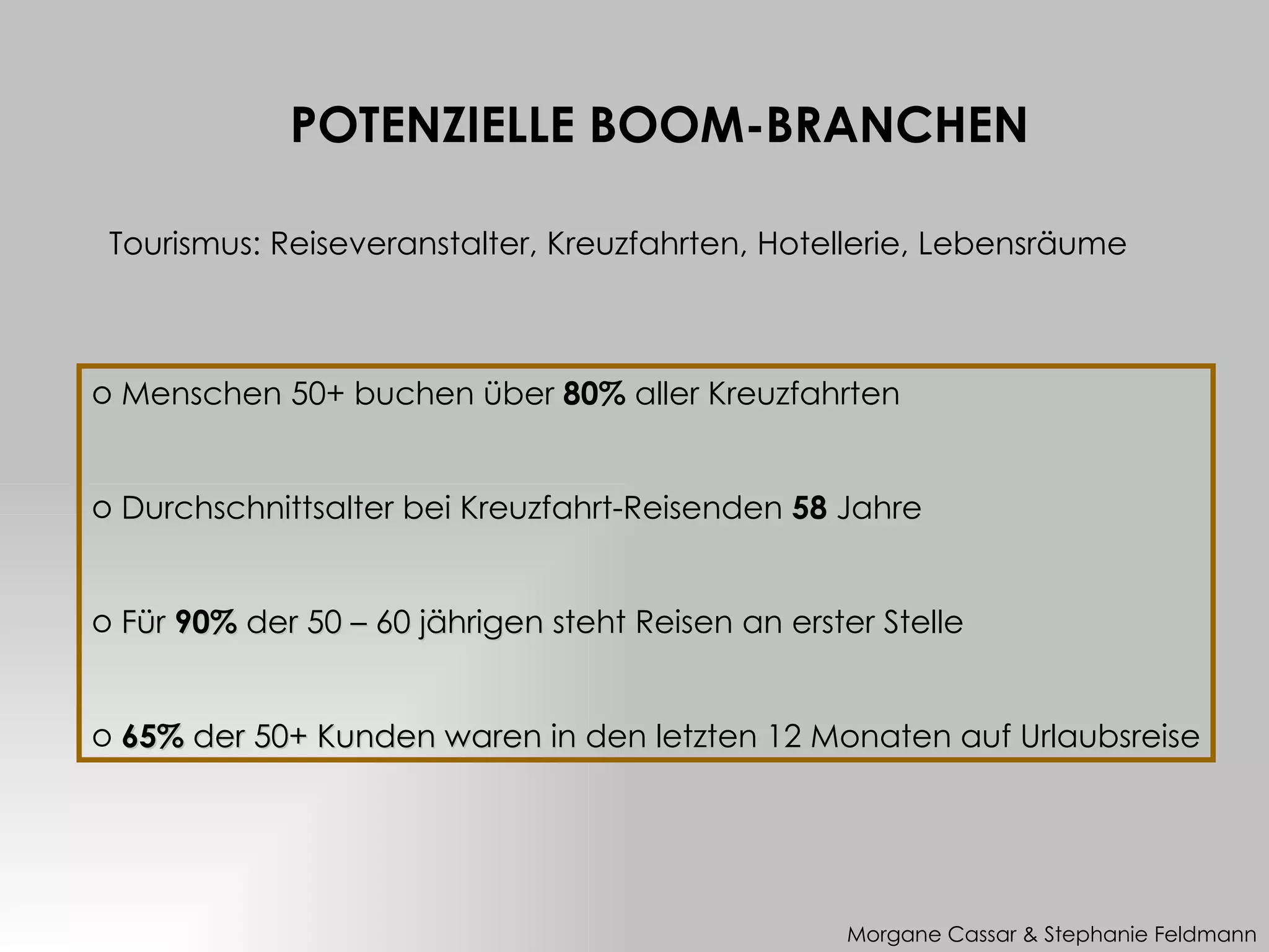 POTENZIELLE BOOM-BRANCHEN

 Tourismus: Reiseveranstalter, Kreuzfahrten, Hotellerie, Lebensräume



o Menschen 50+ buchen über 80% aller Kreuzfahrten


o Durchschnittsalter bei Kreuzfahrt-Reisenden 58 Jahre


o Für 90% der 50 – 60 jährigen steht Reisen an erster Stelle


o 65% der 50+ Kunden waren in den letzten 12 Monaten auf Urlaubsreise




                                                   Morgane Cassar & Stephanie Feldmann
 